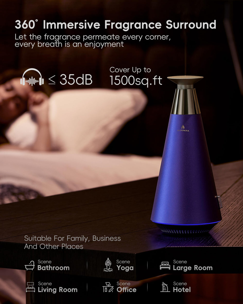 AROMASOUL diffuser ambient light shifts with scent concentration for mood setting.