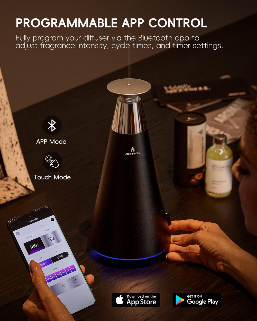 AROMASOUL smart-app-control enables scheduling and precise diffusion via Bluetooth.