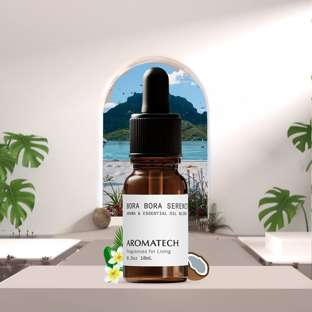 AromaTech Bora Bora Serenity fragrance notes label highlighting tropical fruits and coconut