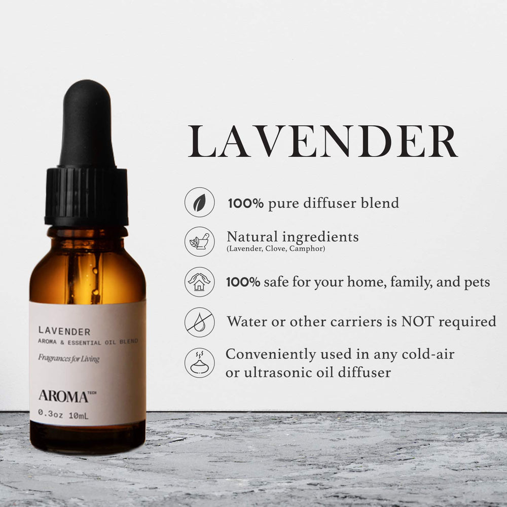 AromaTech Lavender Aroma Blend bottle pour captures easy diffuse setup for relaxing spaces.