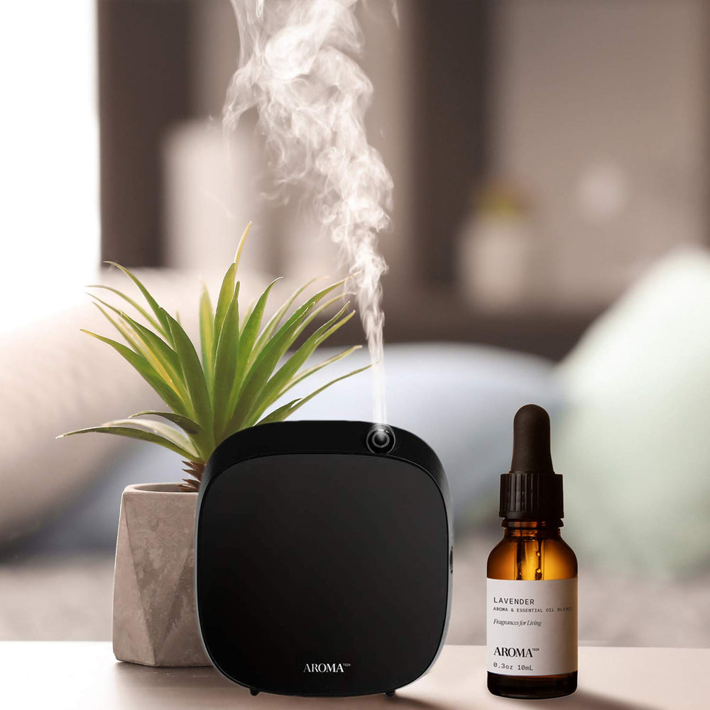 AromaTech Lavender Aroma Blend Ultrasonic Diffuser illustrates quick scent release for tranquil rooms.