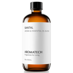 AromaTech Santal bottle pour releasing warm amber and vanilla in a cozy space.