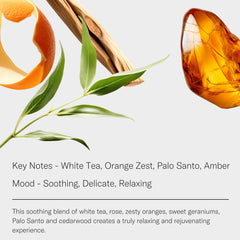 AromaTech White Tea bottle close-up shows delicate citrus and palo santo notes.