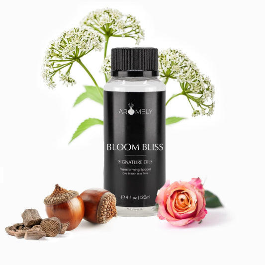 AROMELY Bloom Bliss diffuser oil bottle close-up for a refined, hotel-like ambiance at home.