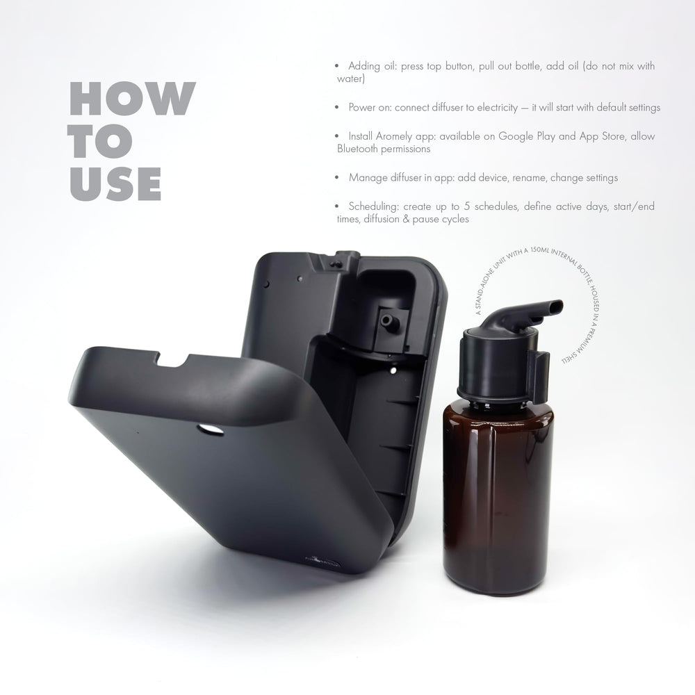 AROMELY black diffuser close-up shows premium build and quiet operation.