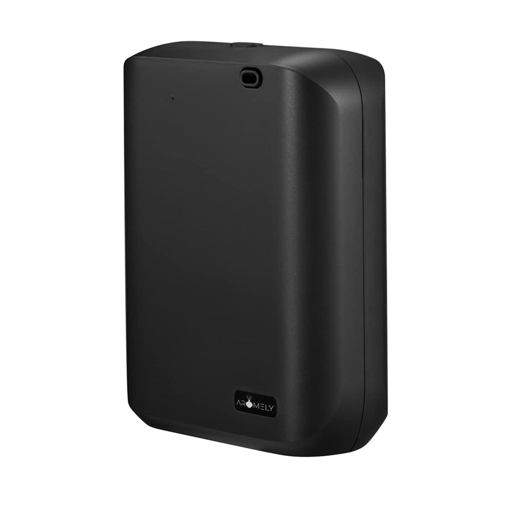 AROMELY smart nebulizing diffuser front view for hotel rooms with a sleek black finish.