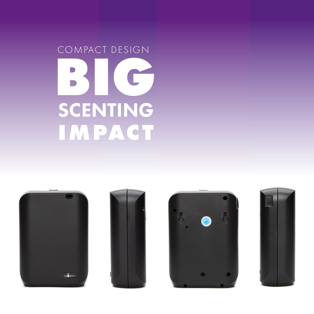 AROMELY waterless diffusion technology highlights heat-free aroma transformation.