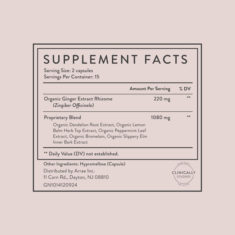 Arrae Bloat capsules after meal usage for digestion support.