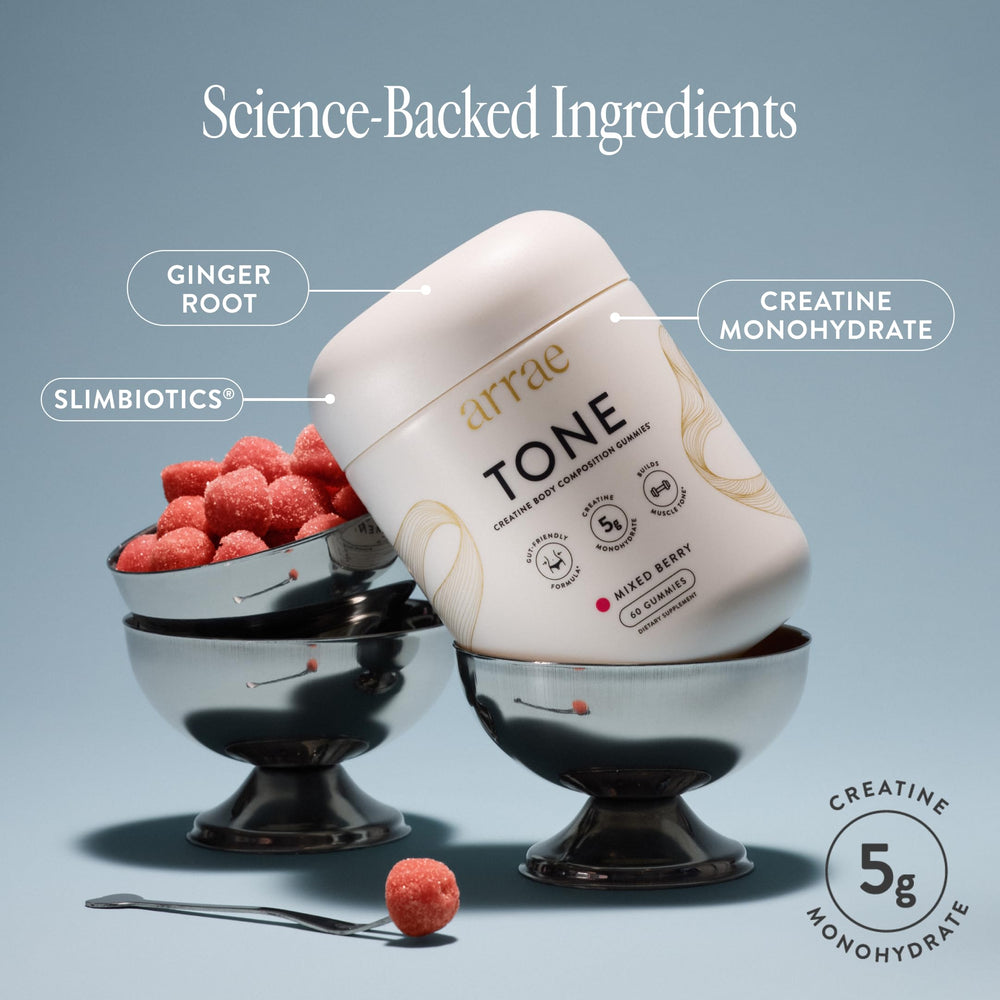 Arrae Tone Gummies on a kitchen counter with water for convenient use.