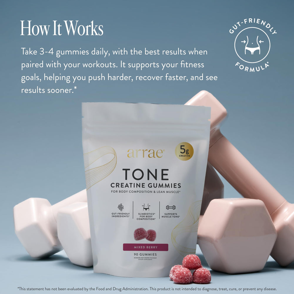 Arrae Tone mixed berry gummies highlighting tasty daily muscle support.