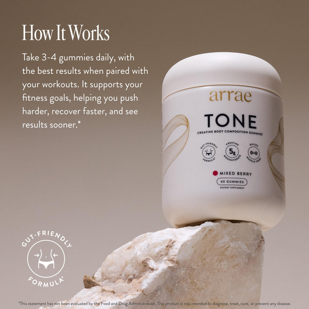 Arrae Tone Gummies 60-count box signals month-long supplementation.