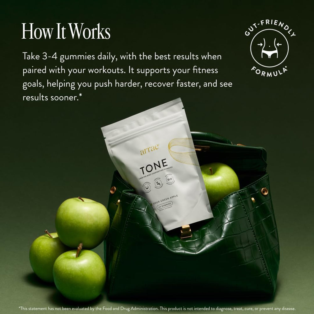 Arrae Tone Gummies woman workout with dumbbell in background.