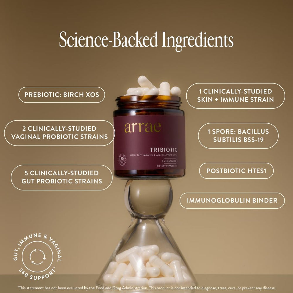 Arrae Tribiotic label details highlighting prebiotics, probiotics, postbiotics blend.