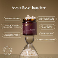 Arrae Tribiotic label details highlighting prebiotics, probiotics, postbiotics blend.