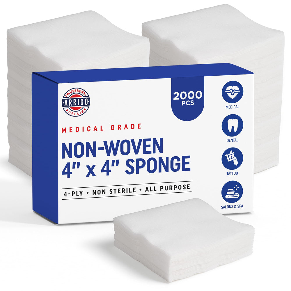 Arrigo 4x4 sponges pack closeup for reliable wound care prep.