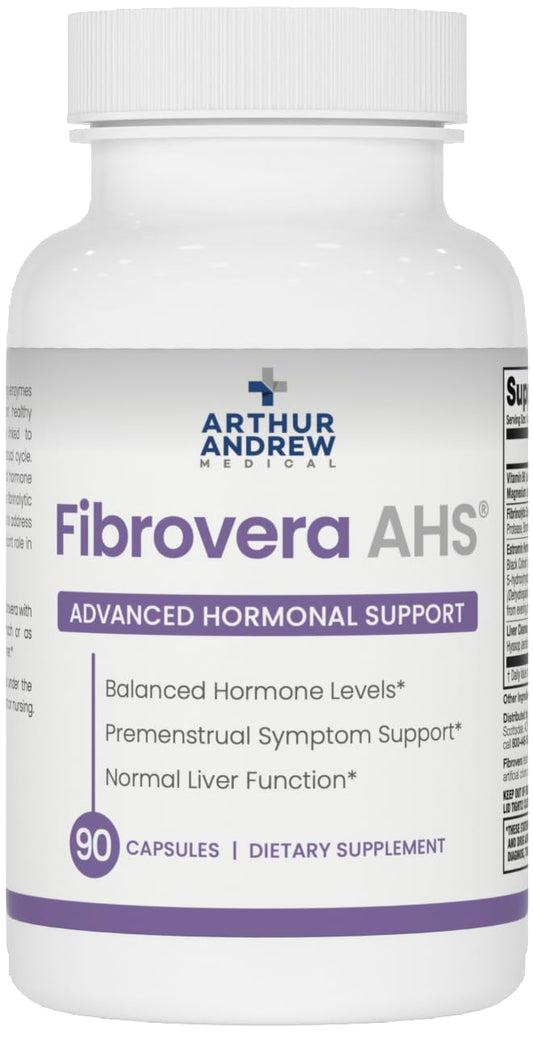 Arthur Andrew Medical Fibrovera bottle front showing clean label and hormone support potential