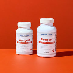 Lipagest packaging shown with diet scene emphasizes no-gallbladder friendly use.