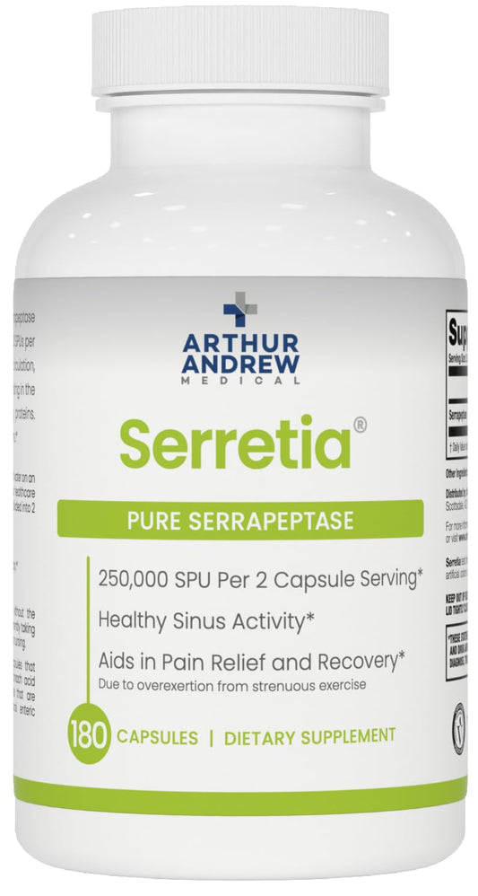 Arthur Andrew Medical Serretia bottle front showing Serrapeptase formula for recovery support.
