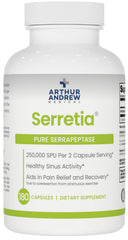 Arthur Andrew Medical Serretia bottle front showing Serrapeptase formula for recovery support.