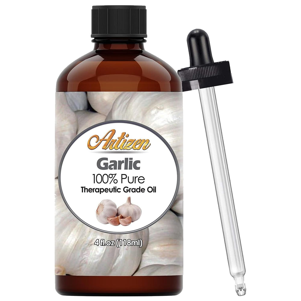 Artizen Garlic Essential Oil 4oz bottle demonstrates purity and premium packaging.
