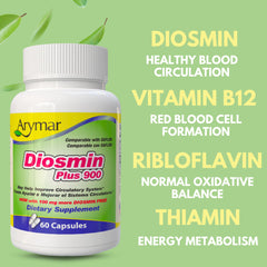 Arymar Diosmin Plus 900 ingredients panel shows diosmin with B vitamins for energy.