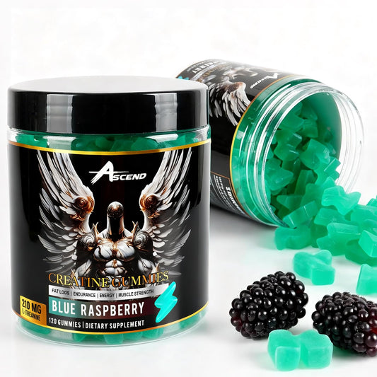 Ascend Creatine Monohydrate Gummies blue raspberry bottle for post-workout fueling.