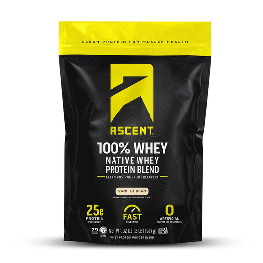 Ascent 100% Whey Vanilla Bean scoop for post-workout fueling with high protein
