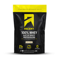 Ascent 100% Whey Vanilla Bean scoop for post-workout fueling with high protein
