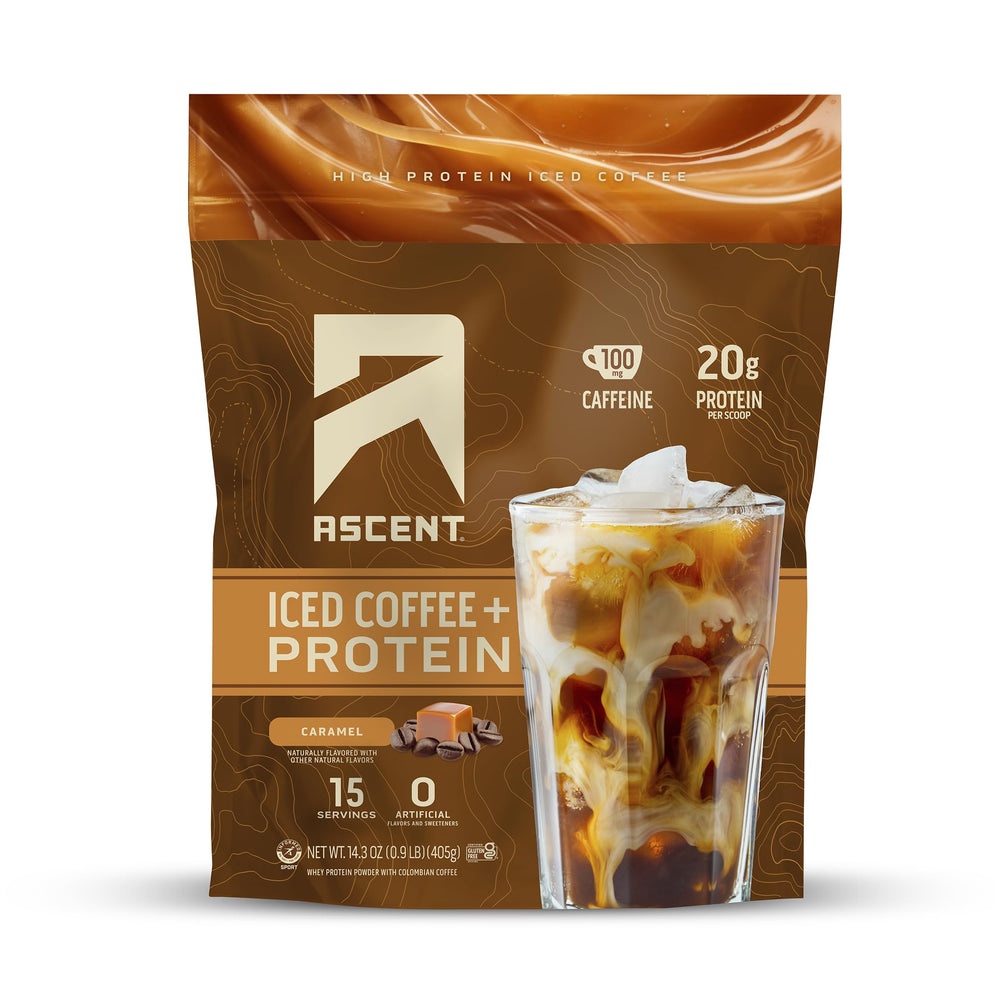 Ascent Caramel Iced Coffee Protein Bottle highlights protein content and natural caffeine.
