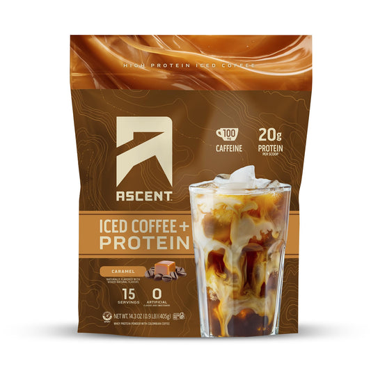 Ascent Caramel Iced Coffee Protein Bottle highlights protein content and natural caffeine.