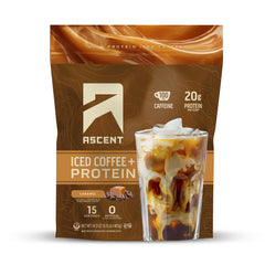 Ascent Caramel Iced Coffee Protein Bottle highlights protein content and natural caffeine.