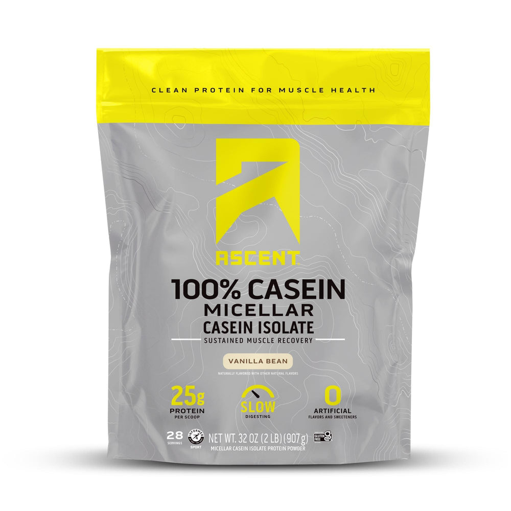 Ascent Casein Vanilla Bean tub showing gluten-free, no added sugar protein powder