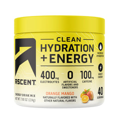 Ascent clean hydration and energy powder in orange mango tub ready to mix
