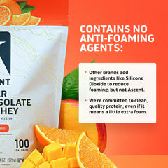 Ascent Clear Whey Orange Mango measuring scoop showing gluten-free promise