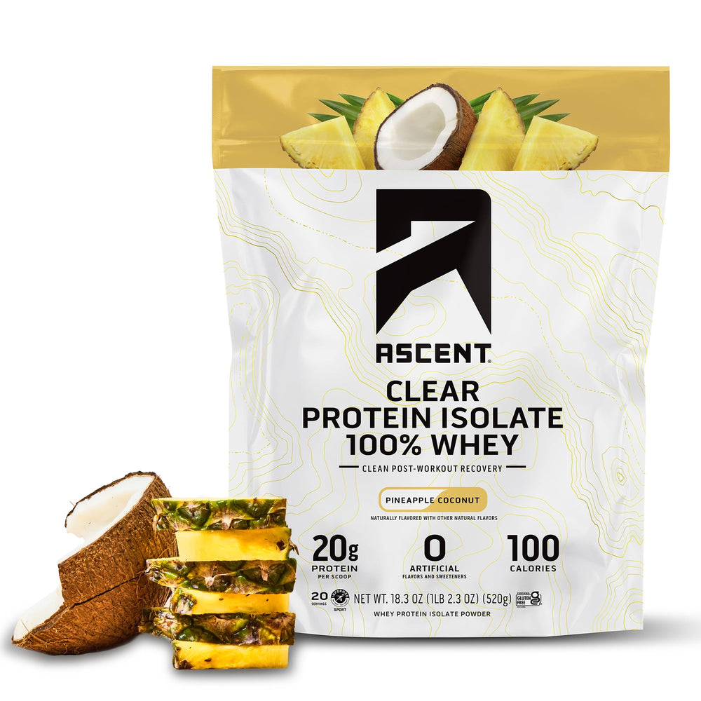 Ascent Clear Whey Pineapple Coconut bottle with a refreshing post-workout option.