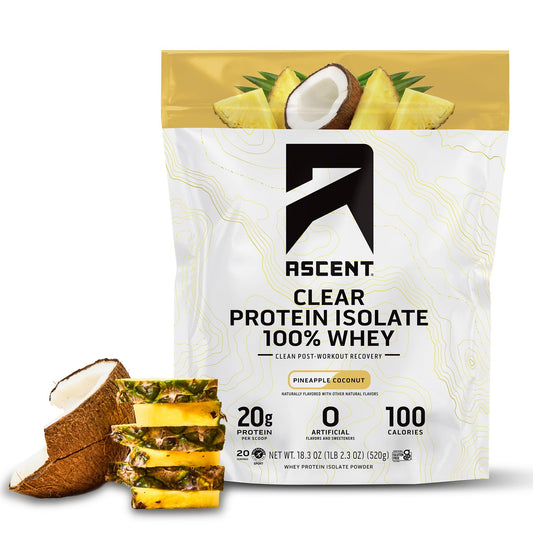Ascent Clear Whey Pineapple Coconut bottle with a refreshing post-workout option.