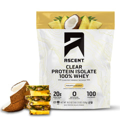 Ascent Clear Whey Pineapple Coconut bottle with a refreshing post-workout option.