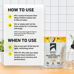Ascent Clear Whey Pineapple Coconut shake with no foam, smooth texture.
