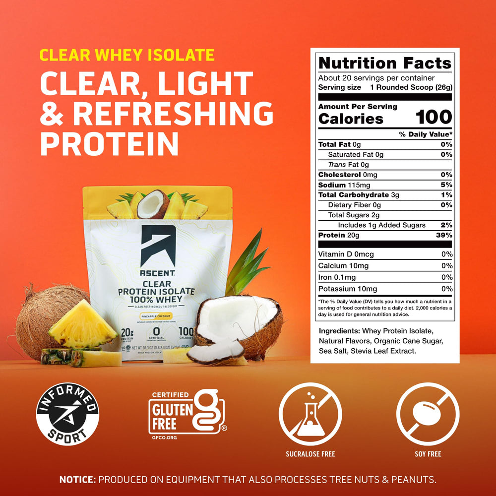 Ascent Clear Whey Pineapple Coconut mix in a glass showing light, fruity shake.