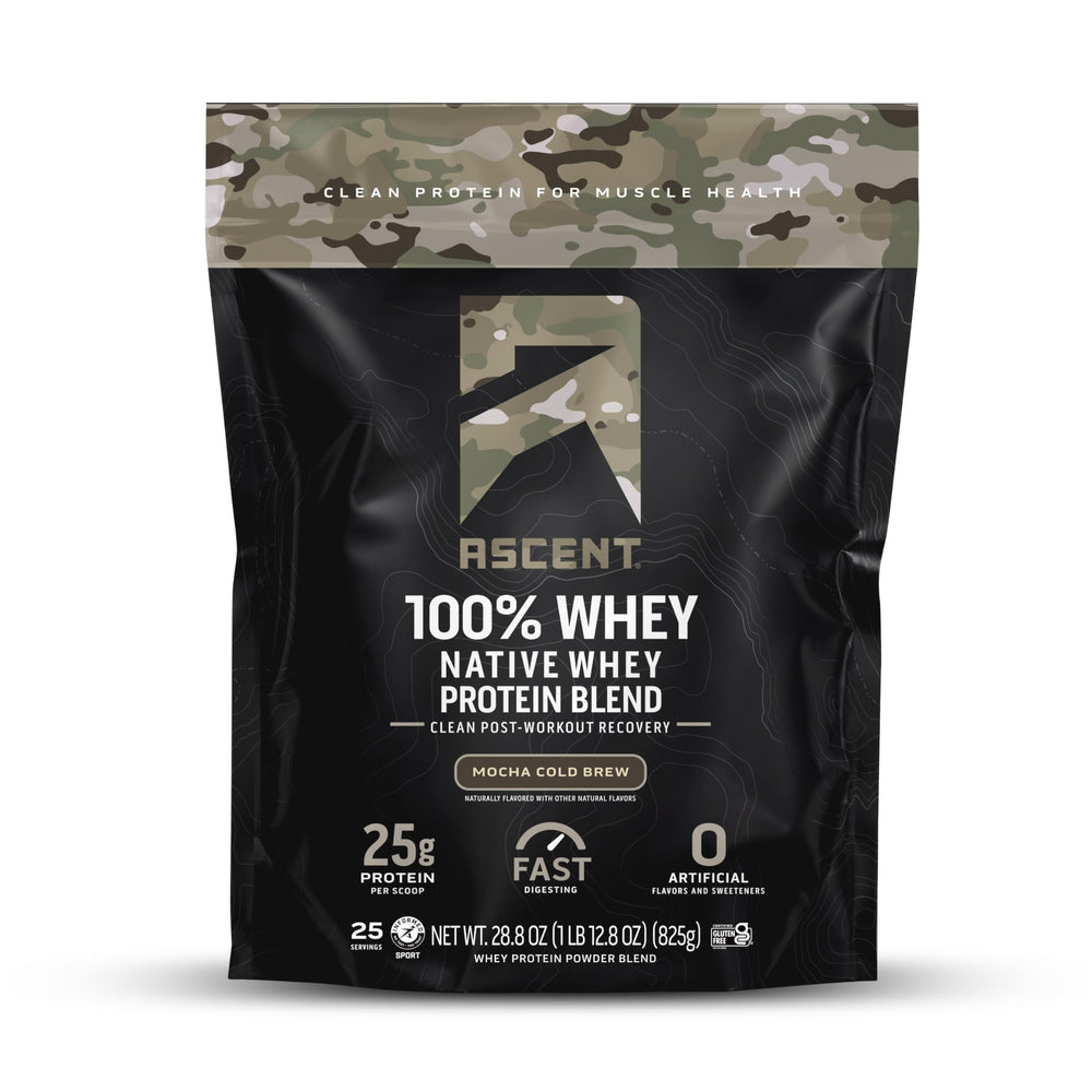 Ascent Mocha Cold Brew whey tub front, ideal for post-workout fueling.