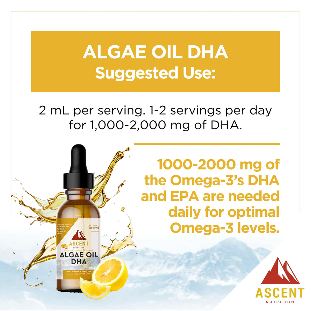 Dropper dispensing a 2 mL serving of Algae Oil DHA by Ascent Nutrition.