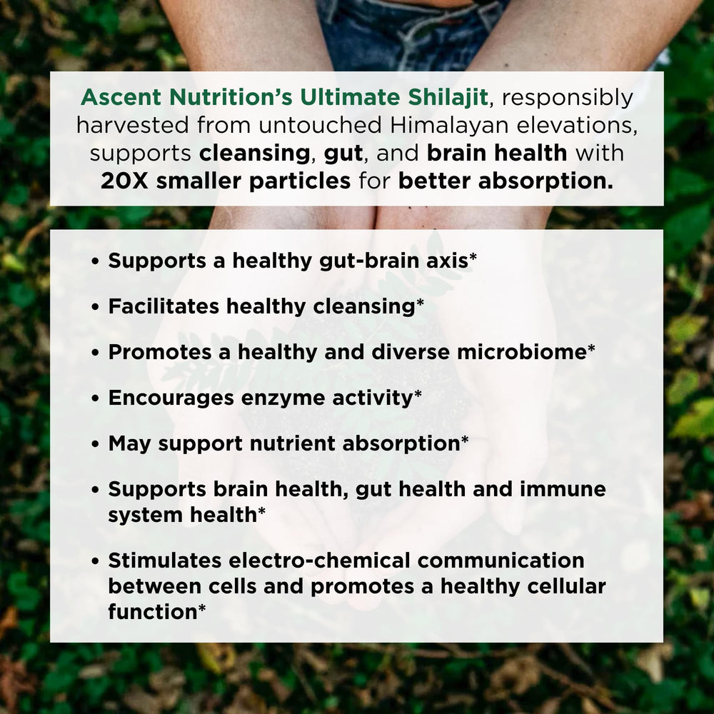 Ascent Nutrition Ultimate Shilajit ingredients scoop shows fulvic and humic acids for nutrient delivery.