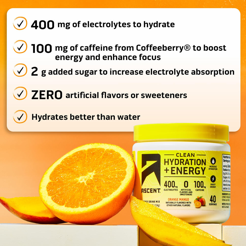 Ascent orange mango electrolytes powder poured into a glass for hydration