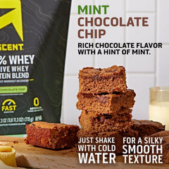Ascent whey mint chocolate chip BCAA information emphasizes recovery support