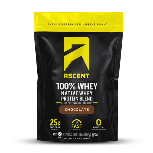 Ascent whey protein bottle shows clean design for post-workout recovery.