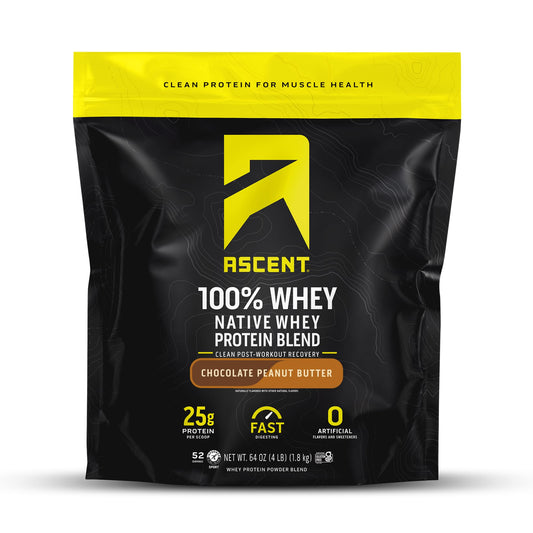 Ascent 100 percent Whey Protein front packaging highlighting post workout recovery inspiration