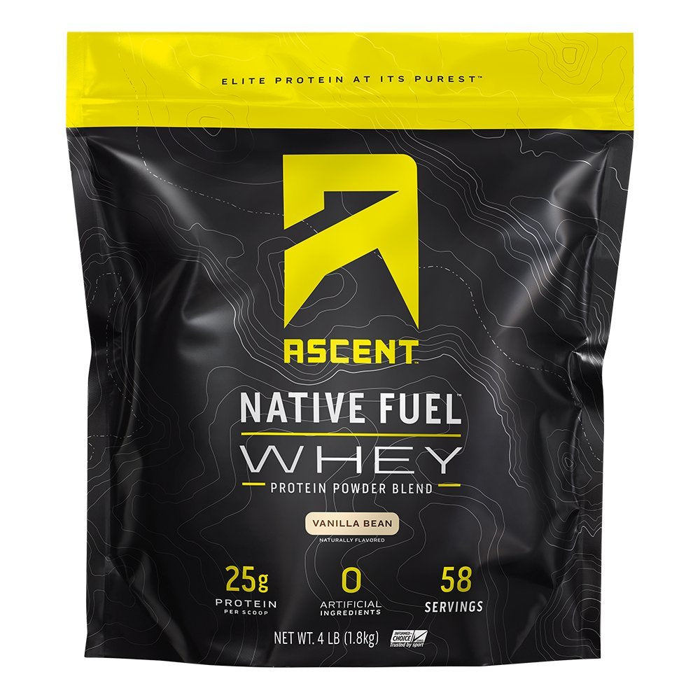Ascent whey protein scoop close‑up emphasizing portion control.