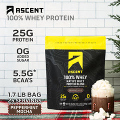 Ascent whey protein scoop showing 25g protein per serving.