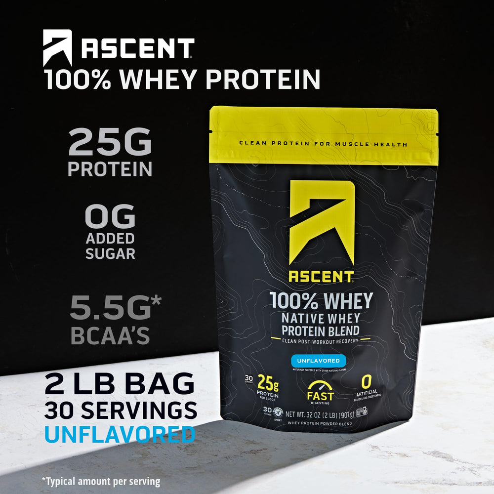 Ascent whey protein unflavored bottle pour shows easy mixability for post-workout shakes.