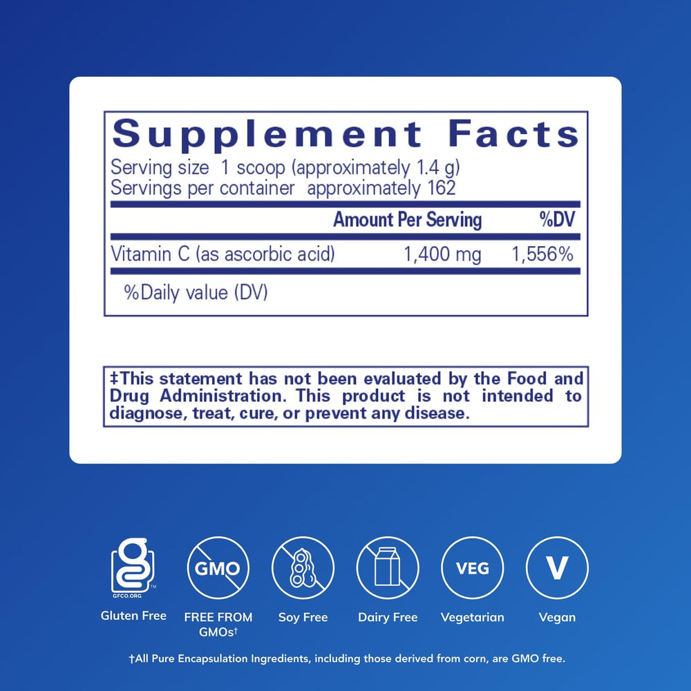 Measuring scoop next to ascorbic acid powder bottle for easy daily dosing.